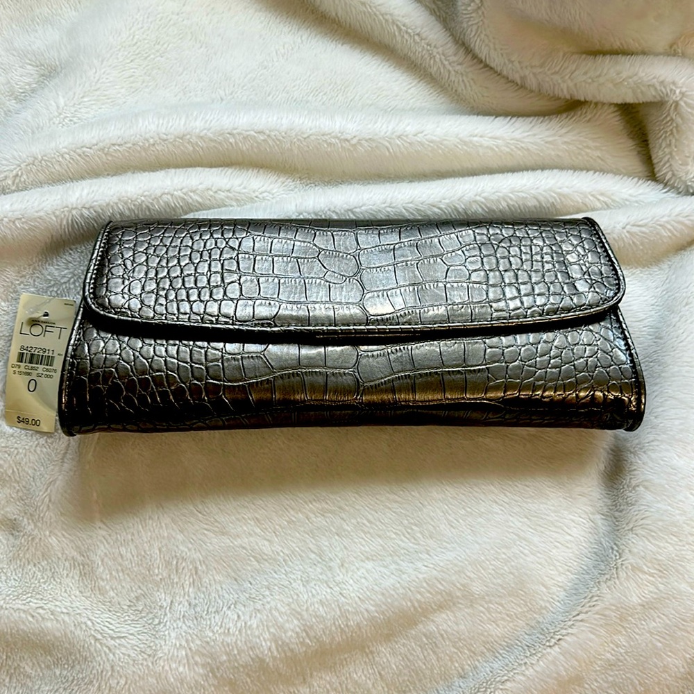 NWT Loft Silver Croc Embossed Clutch with Gold Chain Strap Brand New Never Used